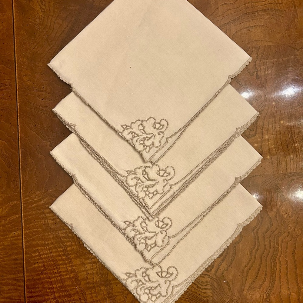 Vintage Cream Linen Napkins with Taupe Embroidery Dinner Size Set of 4
